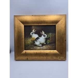 UnSigned Rabbit Oil Painting Art 15x13x1.5 Gold Good Distressed Framed Bunny